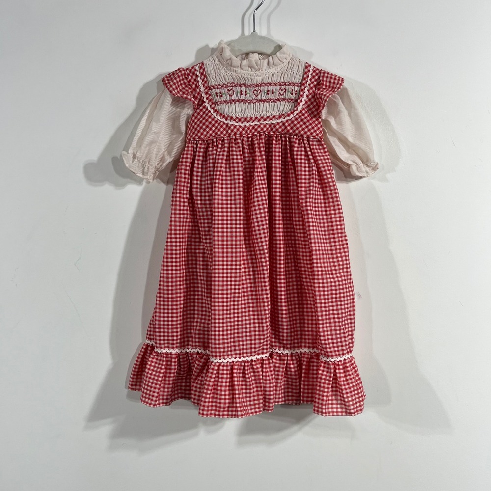 Polly Flinders Vintage Hand Smocked Gingham Dress Red White 18M Ric-Rac Trim